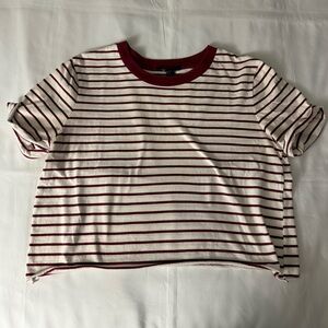 Forever 21 Short Sleeve Striped Cropped Shirt - Maroon & White